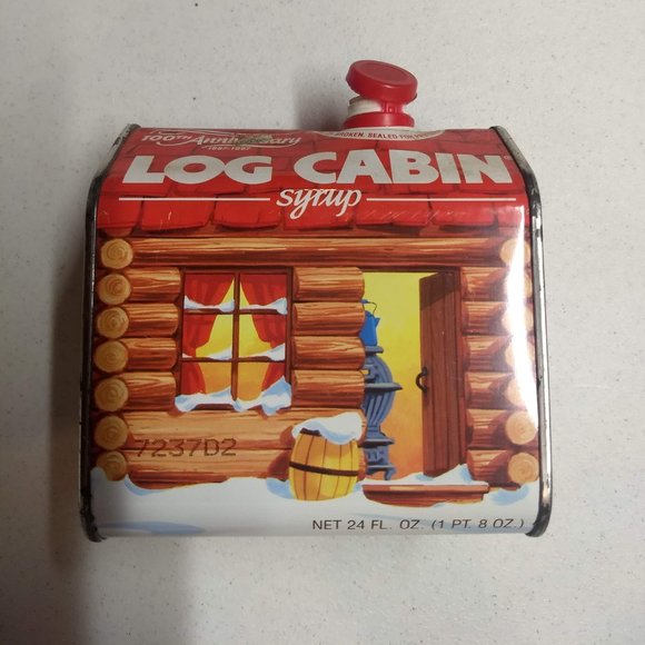 2 Lot Vintage Log Cabin Syrup Tin Cans 100th Anniversary 1887-1987 General Foods - Picture 1 of 15